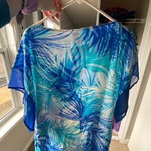 Vibrant Blue Leaf Print Women's Blouse